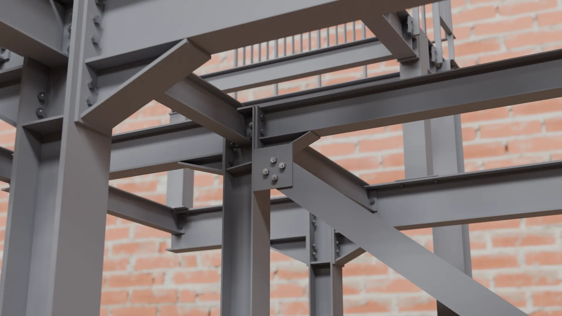 Beam and column frame with diagonal bracing inside a brick shell