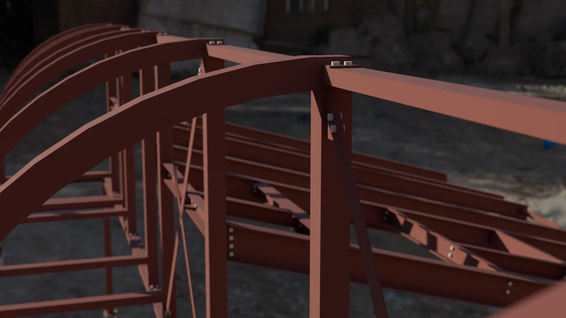 Curved primed steel rafters forming an arched roof structure