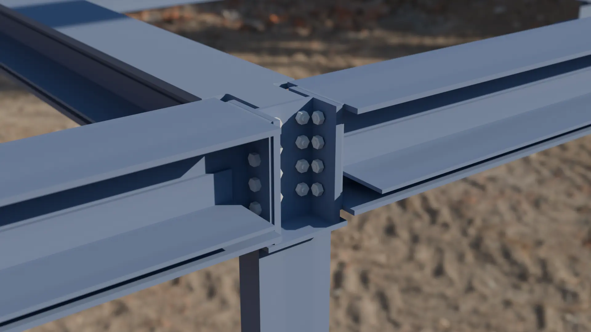 Blue painted moment connection with a full bolt group at a column