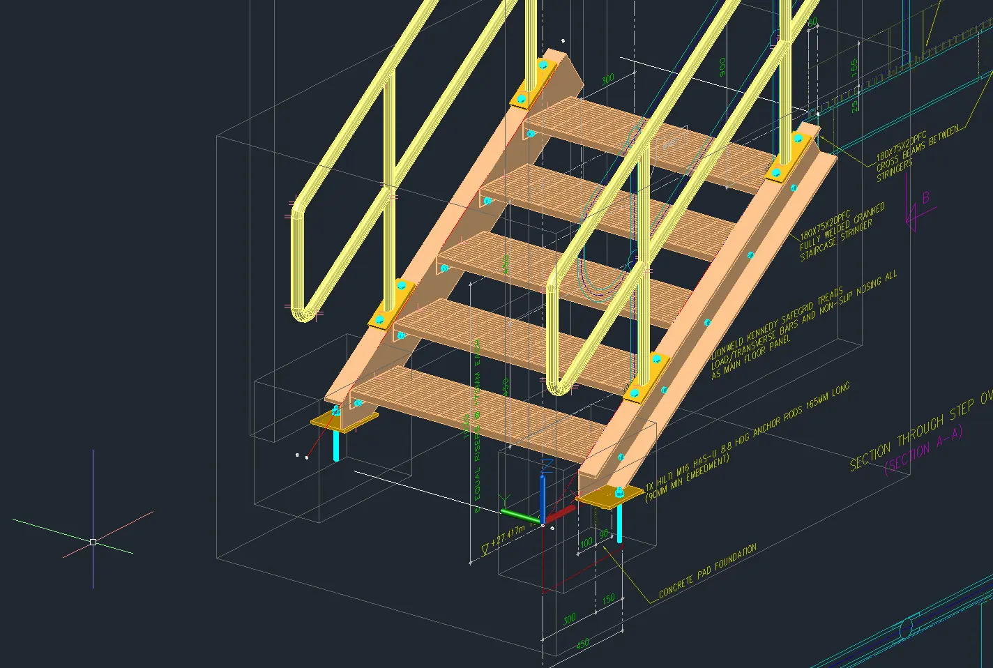 Staircase model in Advance Steel with section annotations