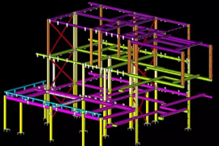 3D steel model coloured by reference layer, multi-storey frame