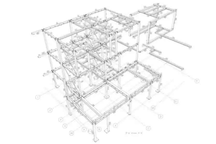 3D erection view of a steel frame with grid lines and marks