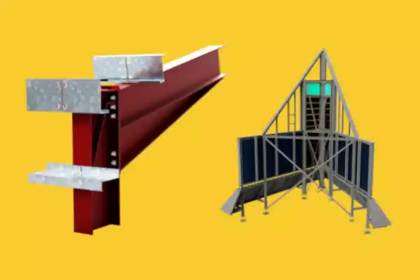 Free renders of a steel connection and a small framed structure