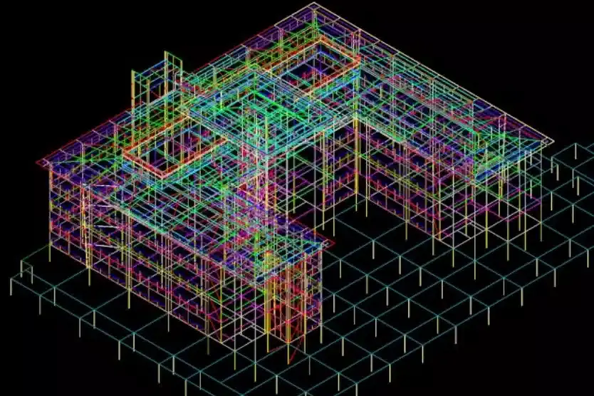 Wireframe steel model of an office building coloured by layer
