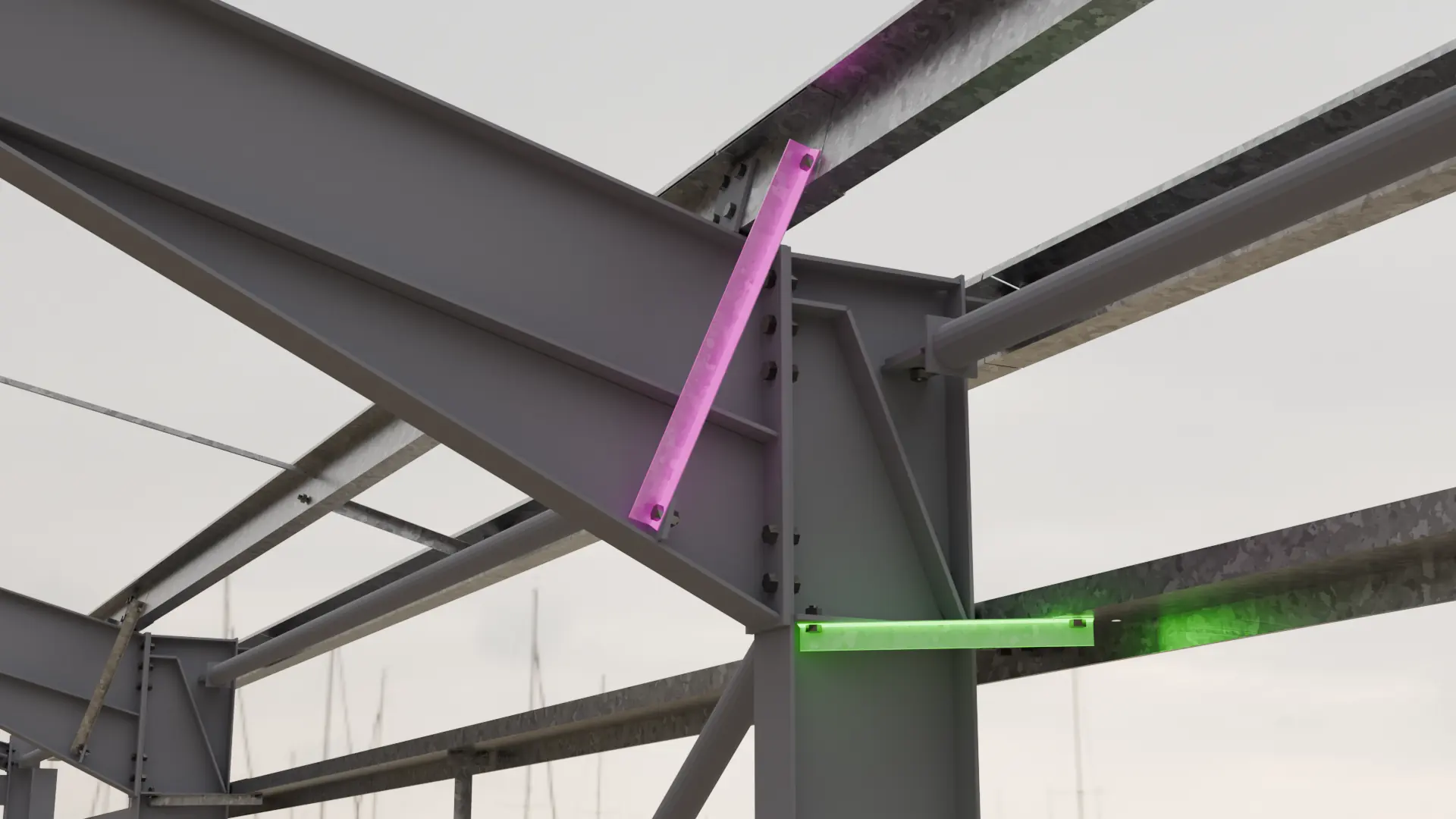 Portal frame model with bracing members highlighted in colour for checking