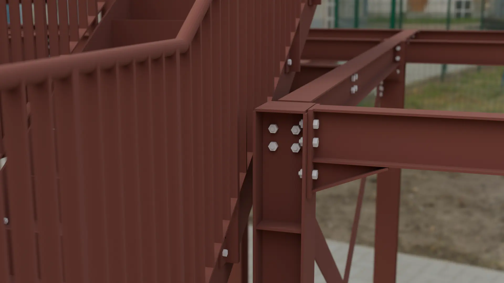 Primed stair flight with a vertical bar balustrade and bolted landing