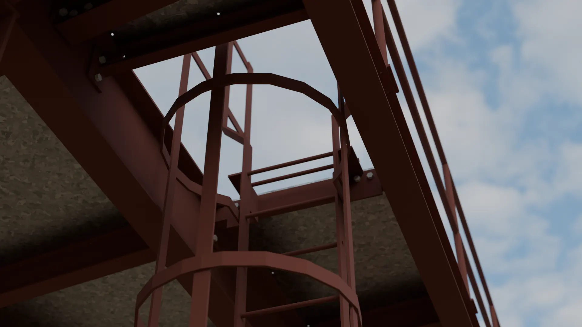 Underside of a platform with a caged ladder hoop