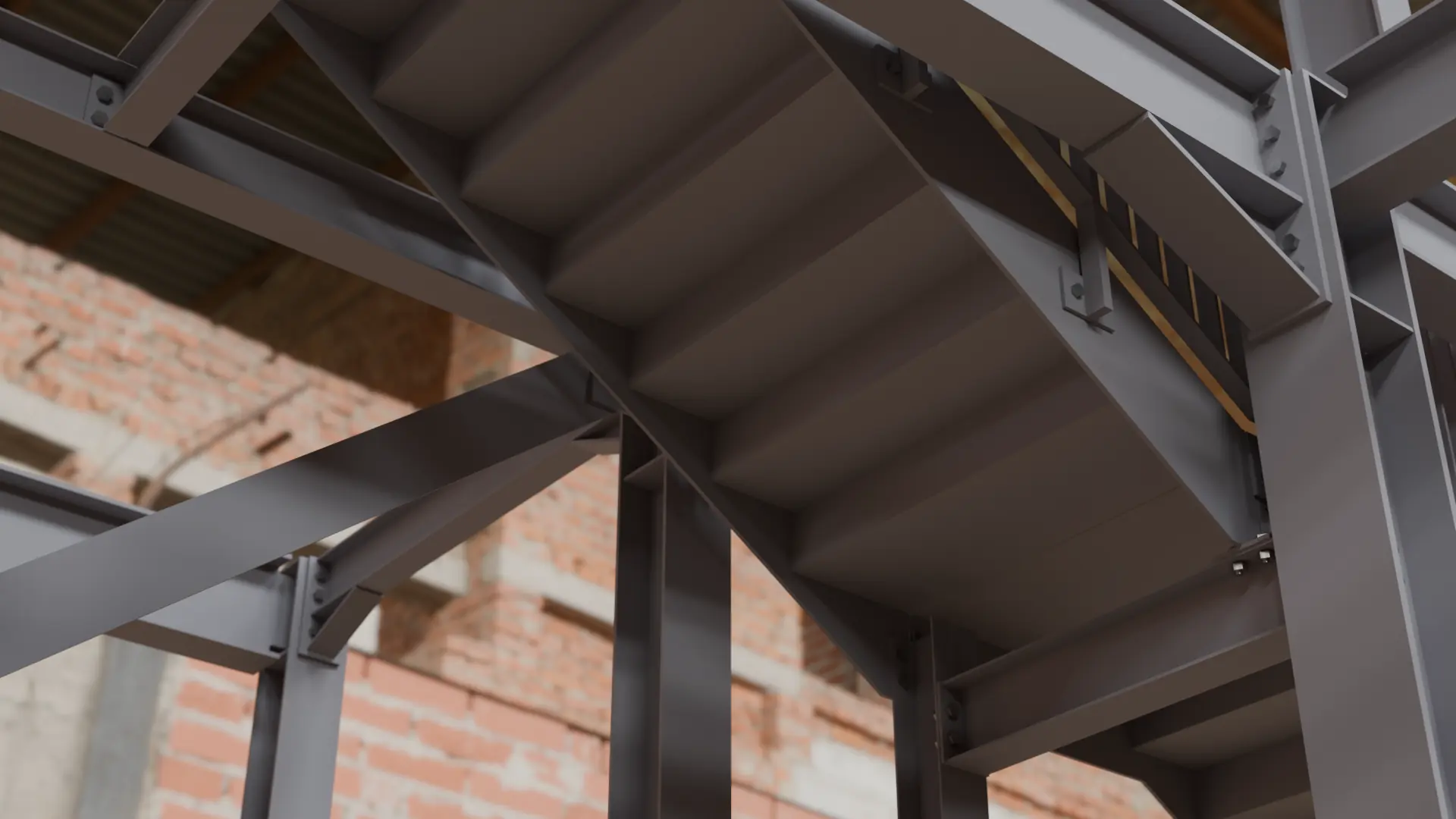 Grey steel stair flight within a beam and column frame