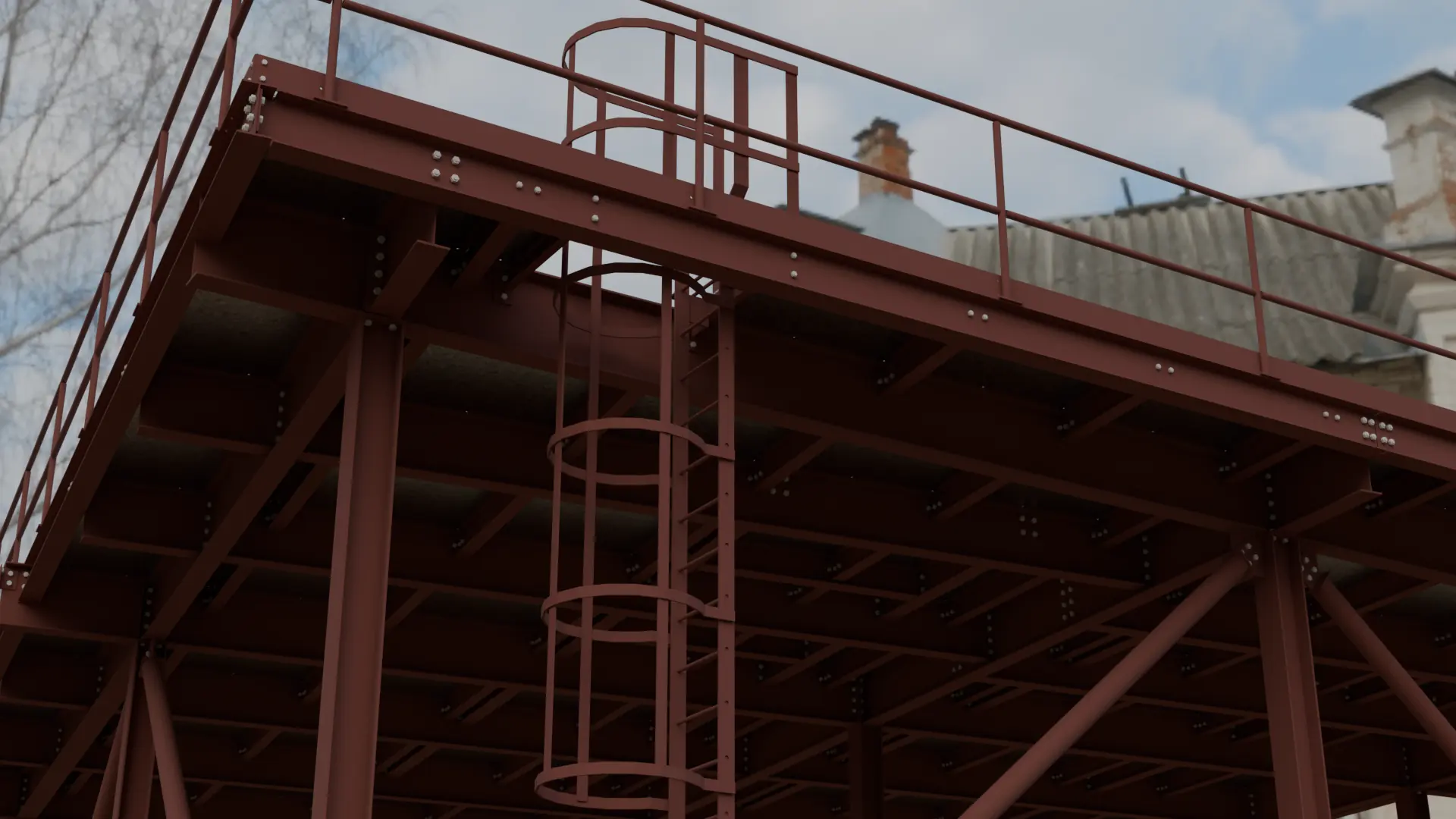 Raised steel platform with handrails and a caged access ladder