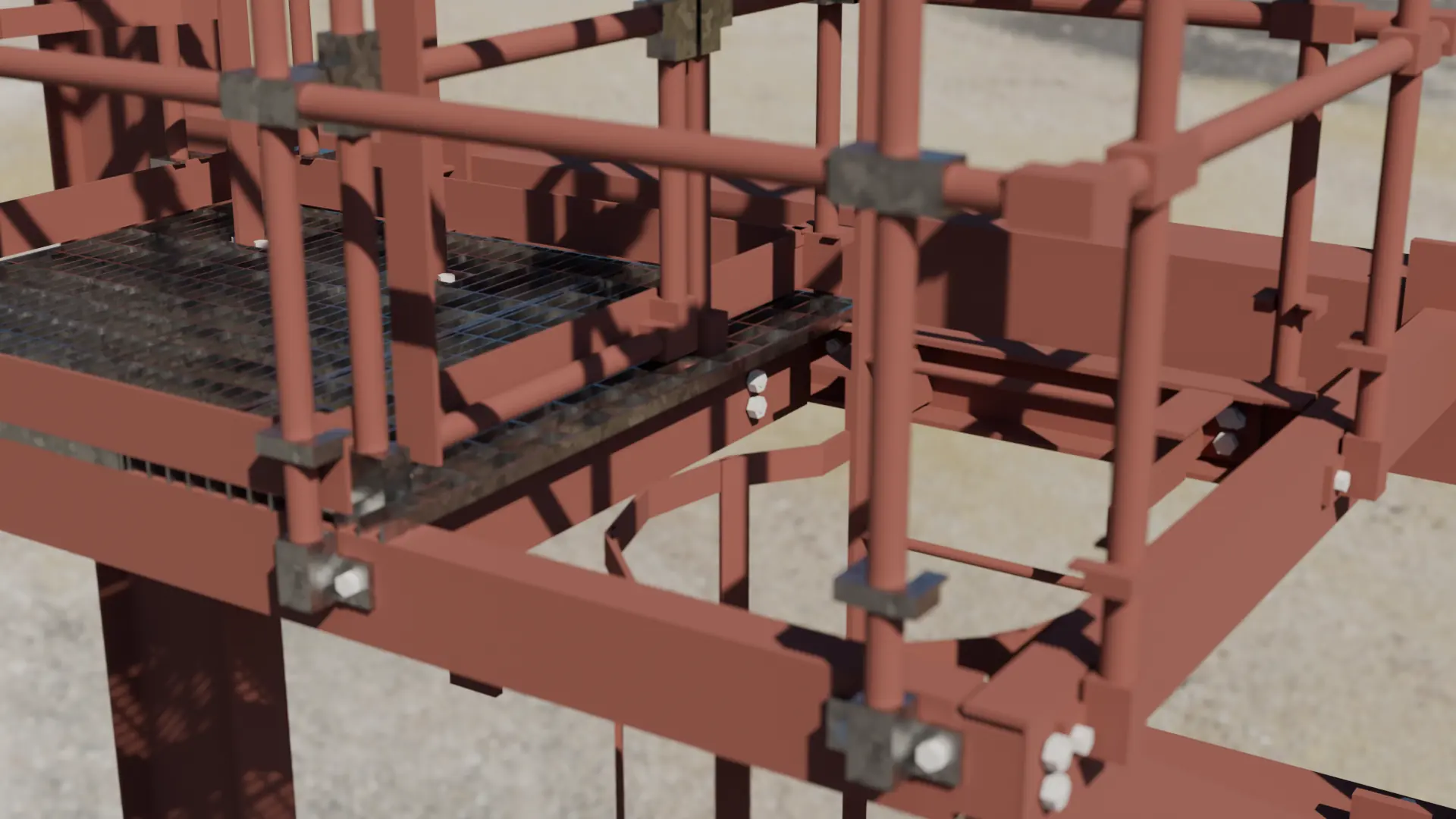 Tubular handrail system clamped to a primed steel walkway