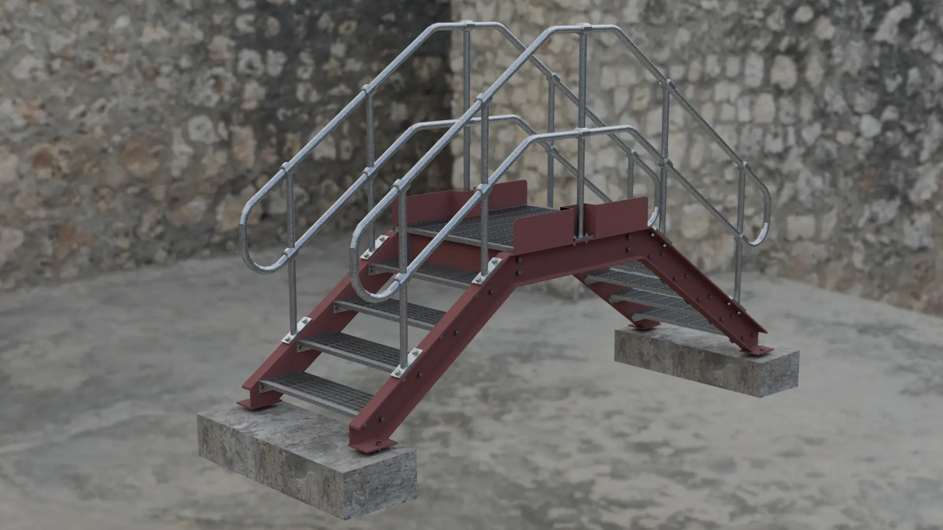 Galvanised step-over with primed stringers and tubular handrails