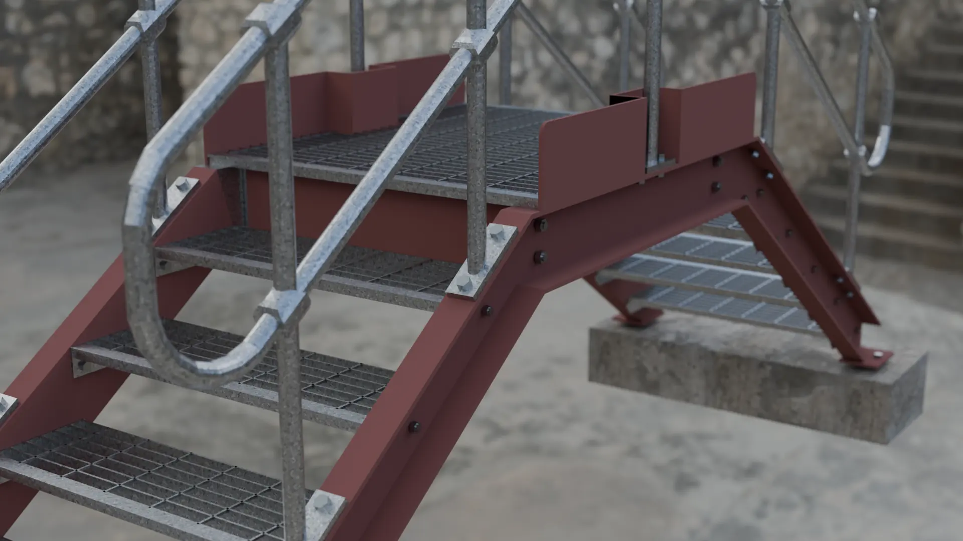 Detail of a step-over landing with galvanised tubular handrails