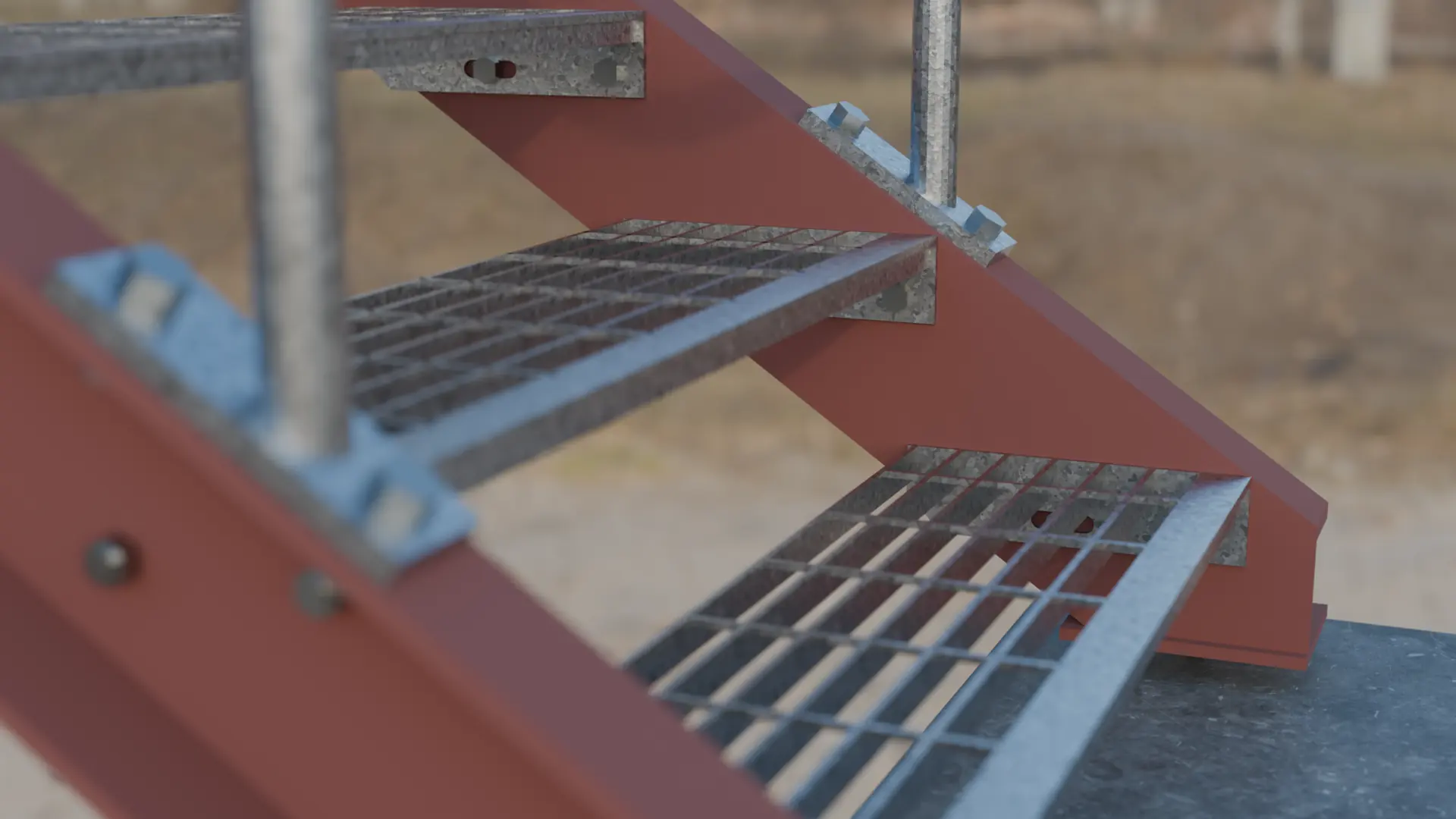 Open grating stair treads bolted to primed stringers